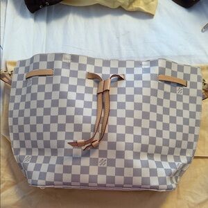 Louis Vuitton Checkered Drawstring Tote in Light Gray and Cream with Tan Trim
